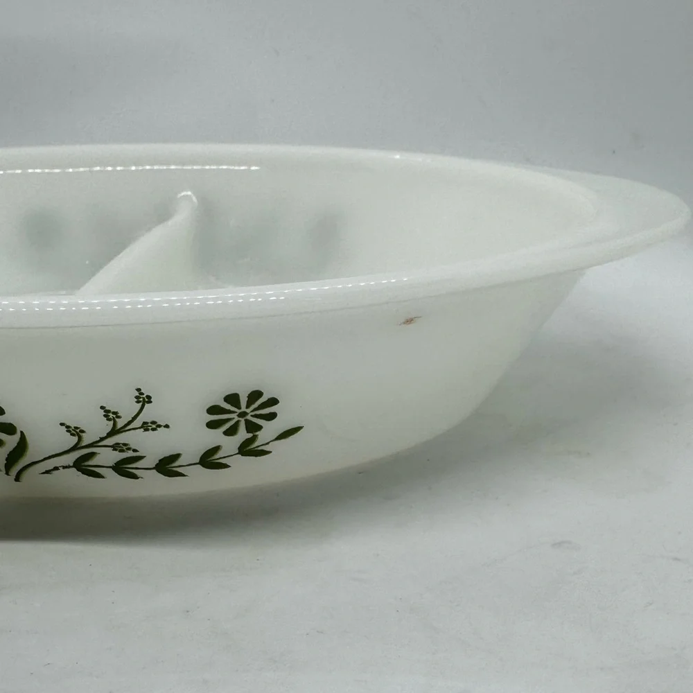 Vintage Glasbake Divided Casserole Dish -Jeanette Green Daisy- J-2352